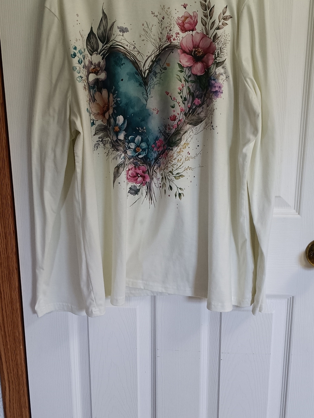 Floral Heart Graphic Long-Sleeve Top - Cream with Teal & Pink